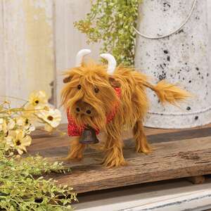 Fluffy Highland Cow with Bandana and Bell - 9"