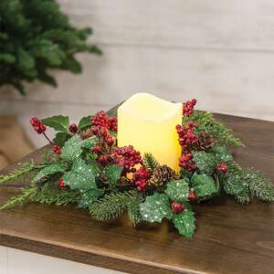 Shimmering Holly Pine & Berries Candle Ring, 3.5" SA112609;