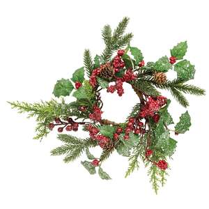 Shimmering Holly Pine & Berries Candle Ring, 3.5" SA112609;