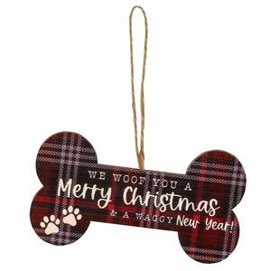 We Woof You A Merry Christmas Plaid Dog Bone Ornament, 4 Asstd.