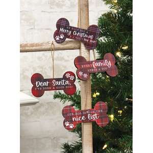 We Woof You A Merry Christmas Plaid Dog Bone Ornament, 4 Asstd.