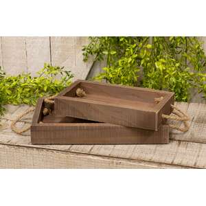 2 Set - Stained Wood Rectangle Trays with Jute Handles