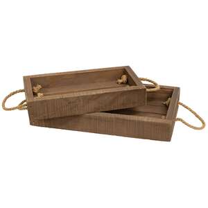 2 Set - Stained Wood Rectangle Trays with Jute Handles