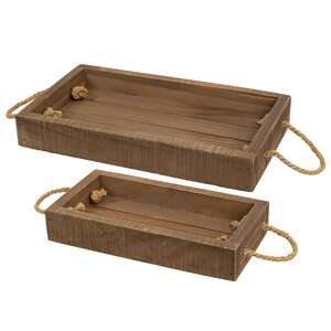 2 Set - Stained Wood Rectangle Trays with Jute Handles