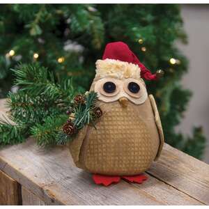 Stuffed Owl in Santa Hat w/Winter Greenery