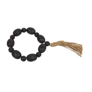 Black Distressed Wood Oval Bead Candle Ring w/Jute Tassel 36128;