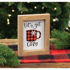 Let's Get Cozy Red & Black Plaid Cup Framed Sign