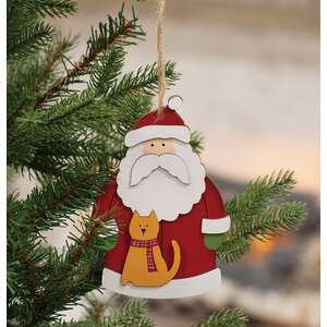 Santa With Cat Wooden Ornament
