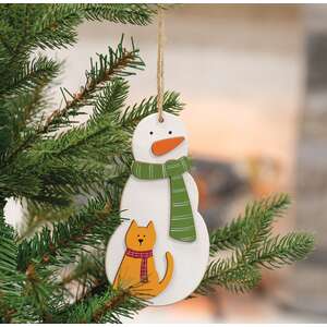Snowman With Cat Wooden Ornament