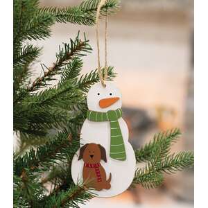 Snowman With Dog Wooden Ornament