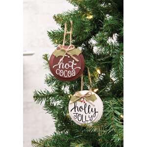 Hot Cocoa/Holly Jolly Button Holly Ornament, 2 Asstd.