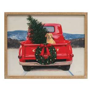 Golden Dog in Christmas Truck Wood Sign 65289;