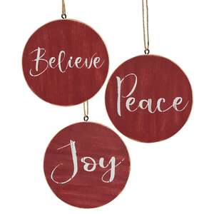 Holiday Script Red Word Round Ornament, 3 Asstd. 91119;