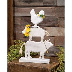 Wooden Stacked Farm Animals Sitter with Daisies