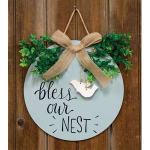 Bless Our Nest Round Sign with Greenery & Burlap Bow