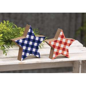 2 Set, Blue & Red Plaid Wooden Stars