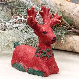 Distressed Cement Red & Green Deer Sitter 60528;