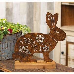 Rusty Metal Flower & Vine Cutout Bunny on Wooden Base 70188;
