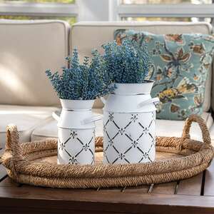 Whitewashed Fleur De Lis Galvanized Milk Can, Small 15686A;