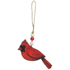 Wooden Cardinal Ornament with Beaded Jute Hanger
