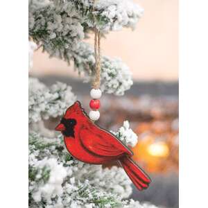 Wooden Cardinal Ornament with Beaded Jute Hanger