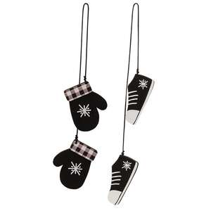 2 Set - Black & White Snowflake Mitten & Shoe Dangle Ornaments