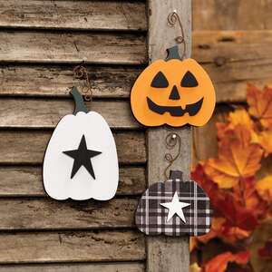 3 Set, Wooden Pumpkin Ornament with Curly Wire Hanger