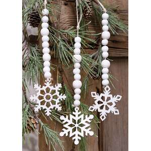 White Beaded Wooden Snowflake Cutout Ornament, 3 Asstd.