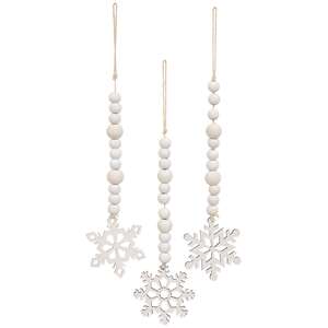White Beaded Wooden Snowflake Cutout Ornament, 3 Asstd.