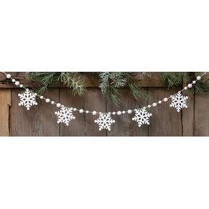 White Beaded Wooden Snowflake Cutout Garland