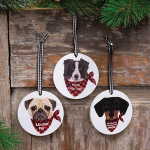 Bah Hum Pug Round Ornament, 3 Asstd.