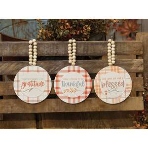 Thankful Grateful Gratitude Plaid Beaded Round Ornament, 3 Asstd.
