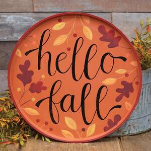 Hello Fall Autumn Leaves Round Wooden Hanging Tray