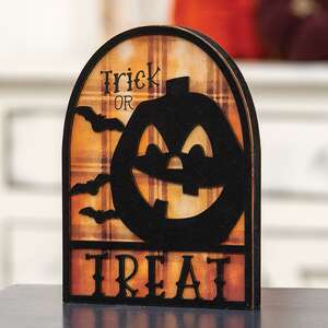 Trick Or Treat Silhouette Plaid Background Wooden Sitter 38723Trick Or Treat Silhouette Plaid Background Wooden Sitter 38723;