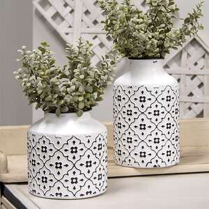 Black & White Floral Patterned Metal Vase, Short 70142;