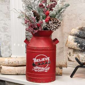 Distressed Red Metal Believe Santa & Reindeer Milk Can 70214;