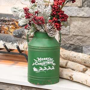 Distressed Green Metal Merry Christmas Santa & Reindeer Milk Can 70215;