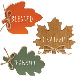 Thankful Grateful Blessed Leaf Wood Sitter, 3 Asstd. 91142;