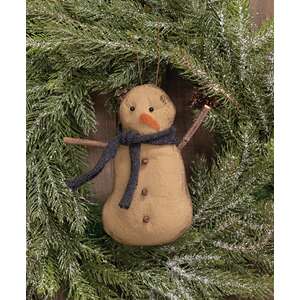 Stiffened Fabric Jingle Bell & Blue Scarf Primitive Snowman Ornament