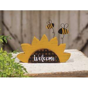Distressed Wooden "Welcome" Sunflower Sitter with Bees