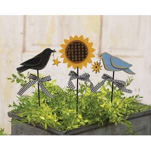 3 Set, Bluebird, Crow & Sunflower Plant Poke