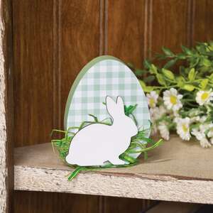Green & White Buffalo Check Easter Egg Sitter with Bunny