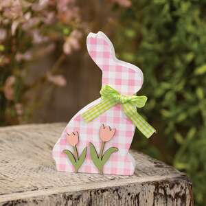 Pink & White Buffalo Check Bunny with Tulips Sitter