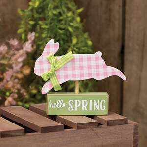 Pink & White Plaid Bunny on Hello Spring Sitter