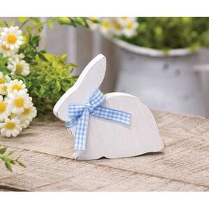 White Wooden Bunny Sitter with Blue & White Buffalo Check Ribbon