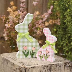 Pink & White Buffalo Check Bunny with Tulips Sitter