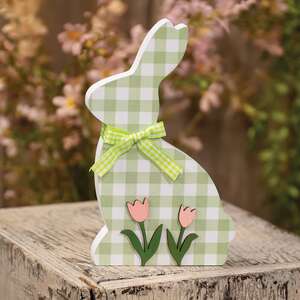 Green & White Buffalo Check Bunny with Tulips Sitter