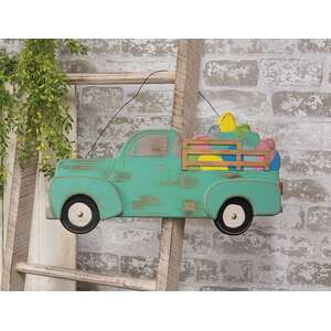 Distressed Hanging Teal Wooden Easter Egg Truck