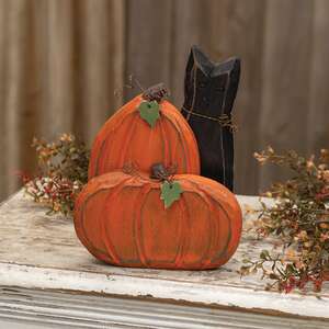 Carved Wooden Pumpkin Duo & Black Cat