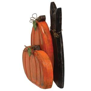 Carved Wooden Pumpkin Duo & Black Cat